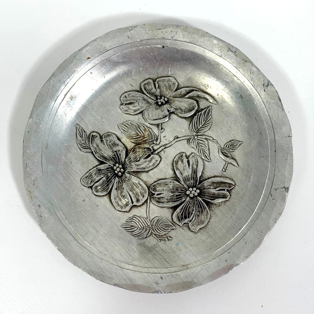 Vintage Dogwood Floral Engraved Aluminum Round Trinket Dish / Coaster